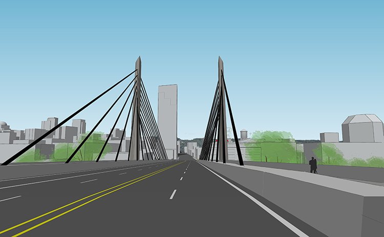 Цифровой вид вантового моста для западного пролета, закрывающего вид на исторические районы города и популярную вывеску «Портленд, Орегон».